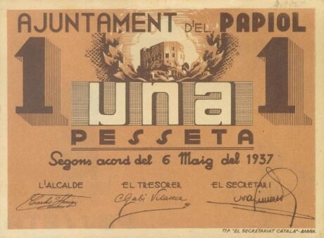 Аверс банкноты 1 песета Эль Папиол (Испания) 1937 года