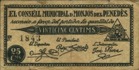 Аверс банкноты 25 сантимов Монхос дель Пенедес (Испания)