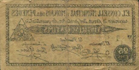 Реверс банкноты 25 сантимов Монхос дель Пенедес (Испания)