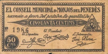 Аверс банкноты 50 сантимов Монхос дель Пенедес (Испания)