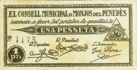Аверс банкноты 1 песета Монхос дель Пенедес (Испания)