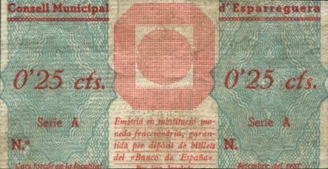 Аверс банкноты 25 centymów Esparreguera (Hiszpania) 1937