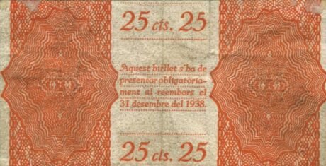 Реверс банкноты 25 centymów Esparreguera (Hiszpania) 1937