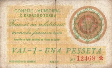 Аверс банкноты 1 песета Эспаррегера (Испания) 1937 года