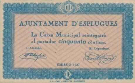 Аверс банкноты Esplugue 50 centymów (Hiszpania) 1937