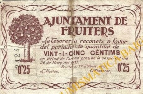 Аверс банкноты 25 сантимов фруктовые (Испания) 1937 года
