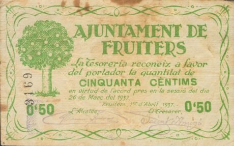 Аверс банкноты 50 сентимо Фруктовые (Испания) 1937 года