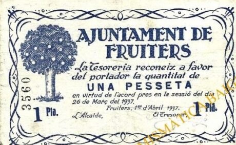 Аверс банкноты 1 песета Фрукты (Испания) 1937 года