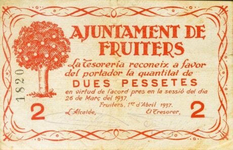 Аверс банкноты 2 песеты Фруктовые (Испания) 1937 года