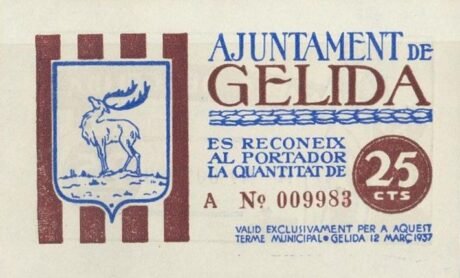 Аверс банкноты 25 centymów Gelidy (Hiszpania) 1937