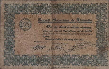 Аверс банкноты 25 сантимов Жиронелла (Испания) 1937 года
