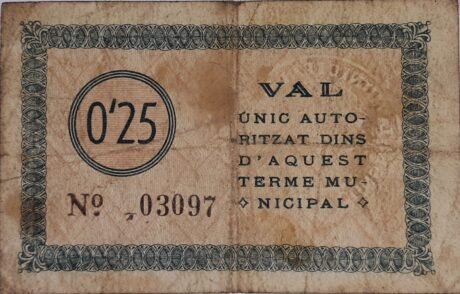 Реверс банкноты 25 сантимов Жиронелла (Испания) 1937 года