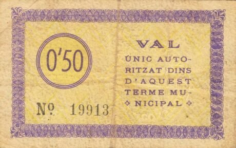 Реверс банкноты 50 сантимов Жиронелла (Испания) 1937 года
