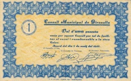 Аверс банкноты 1 песета Жиронелла (Испания) 1937 года