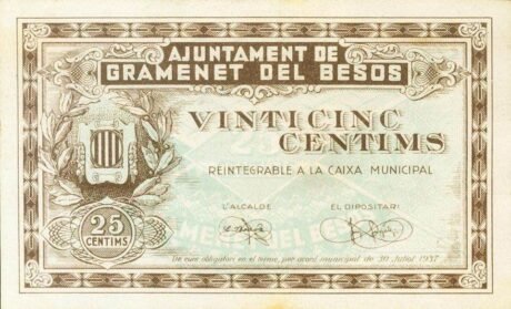 Аверс банкноты 25 сантимов Граманет дель Бесос (Испания) 1937 года