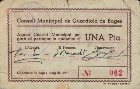 Аверс банкноты 1 peseta Guardiola de Bages (Spain) 1937