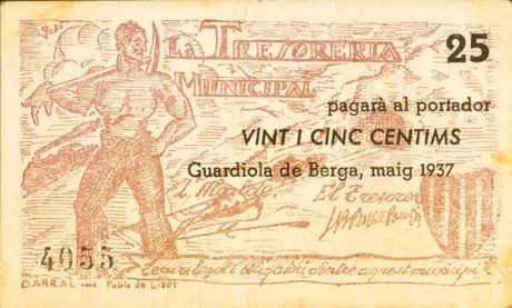 Аверс банкноты 25 сантимов Гвардиола де Берга (Испания) 1937 года