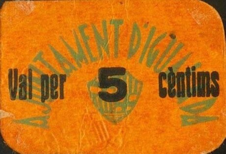 Аверс банкноты 5 сантимов Игуалада (Испания) 1937 года