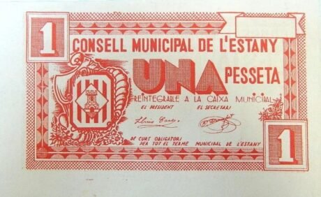 Аверс банкноты 1 песета Л'Эстани (Испания) 1937 года