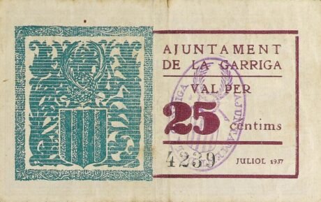 Реверс банкноты 25 centymów La Garriga (Hiszpania) 1937