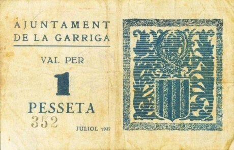 Реверс банкноты 1 peseta la Garriga (Hiszpania) 1937