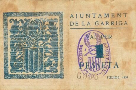 Реверс банкноты 1 peseta la Garriga (Hiszpania) 1937