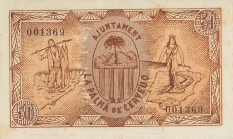 Реверс банкноты 50 сантимов Ла Пальма де Сервелло (Испания) 1937 года