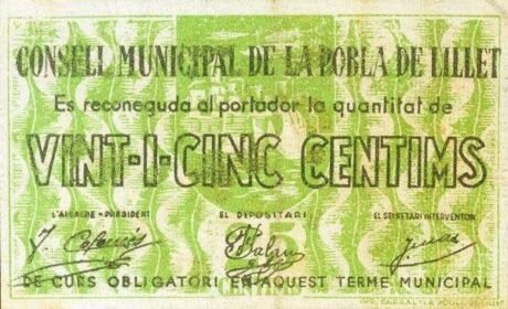 Аверс банкноты 25 centymów La Pobla de Lille (Hiszpania)