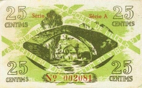 Реверс банкноты 25 centymów La Pobla de Lille (Hiszpania)