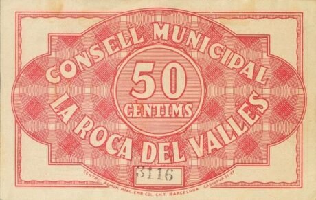 Реверс банкноты 50 сантимов Ла Рока дель Валлес (Испания) 1937 года