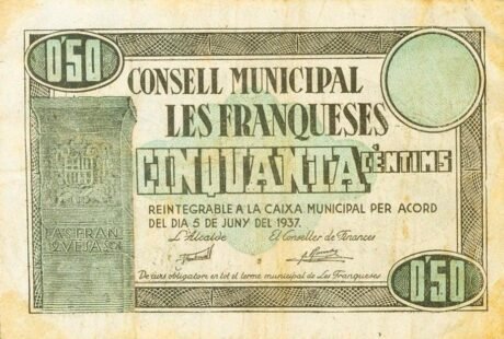 Awers banknotu 50 centymów Le Franques (Hiszpania) 1937
