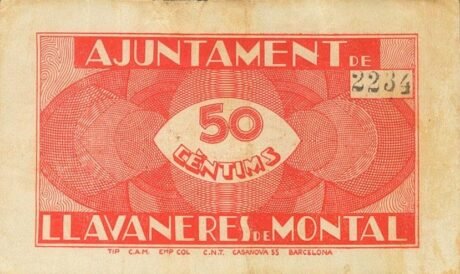 Реверс банкноты 50 centymów Llavaneres de Montal (Hiszpania)