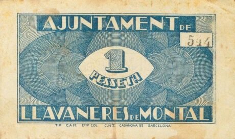 Реверс банкноты 1 peseta Llavaneres de Montal (Hiszpania)