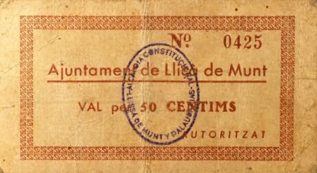 Аверс банкноты 50 сантимов Льиса де Мунт (Испания)