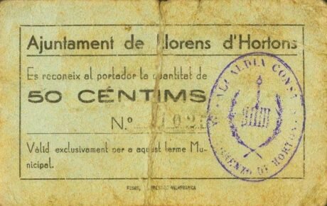 Аверс банкноты 50 сантимов Льоренс д'Ортон (Испания)
