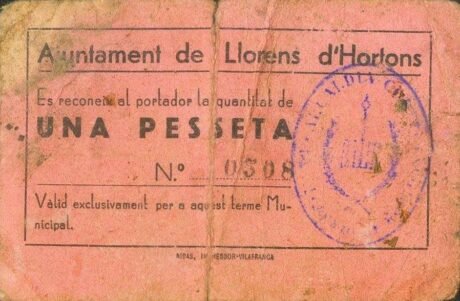 Аверс банкноты 1 песета Льоренс д'Ортонс (Испания)