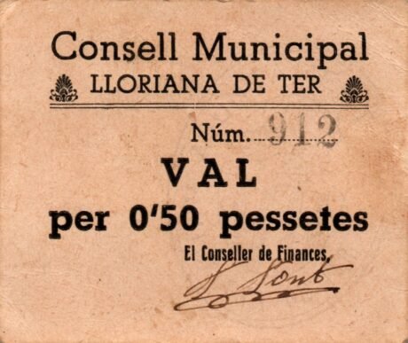 Аверс банкноты 0,50 peset Lloriana de Ter (Hiszpania) 1937