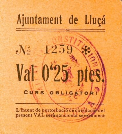 Аверс банкноты 0.25 pesetas Llusa (Spain)