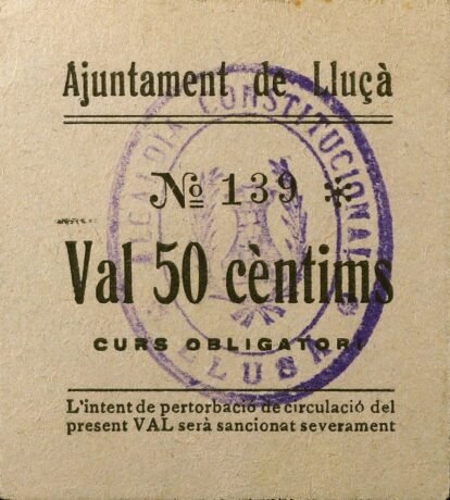 Аверс банкноты 50 centymów Llusy (Hiszpania)