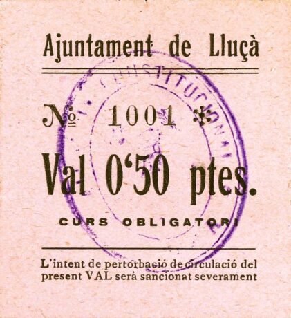 Аверс банкноты 0.50 pesetas Llusa (Spain)