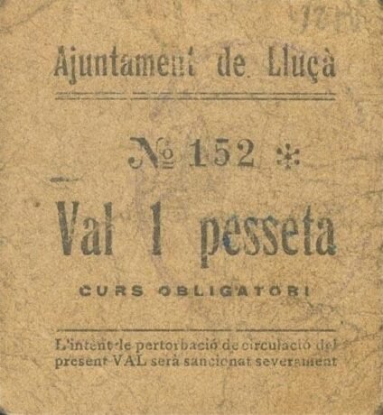 Аверс банкноты 1 peseta Llusa (Spain)