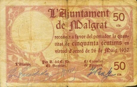 Аверс банкноты 50 сантимов Мальграт (Испания) 1937 года