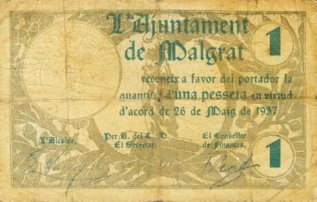 Аверс банкноты 1 peseta Malgrat (Spain) 1937
