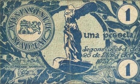 Аверс банкноты 1 peseta Malgrat (Spain) 1937