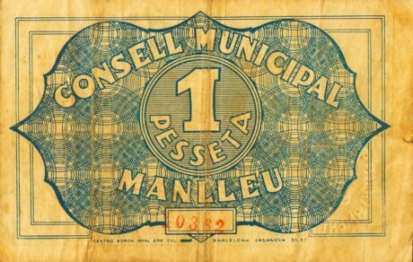 Реверс банкноты 1 Peseta Manleu (Hiszpania) 1937