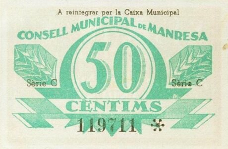 Реверс банкноты 50 centymów Manresa (Hiszpania) 1937