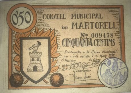 Аверс банкноты 50 сантимов Марторель (Испания) 1937 года