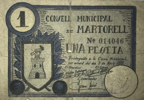 Аверс банкноты 1 песета Марторель (Испания) 1937 года