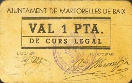 Аверс банкноты 1 peseta Martorell de Baix (Hiszpania) 1937