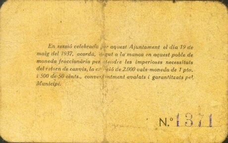 Реверс банкноты 1 peseta Martorell de Baix (Hiszpania) 1937